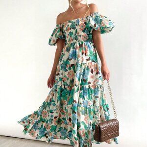 Green Boho Women's Off-The-Shoulder Puff Sleeves Slim Waist Floral Print Dress